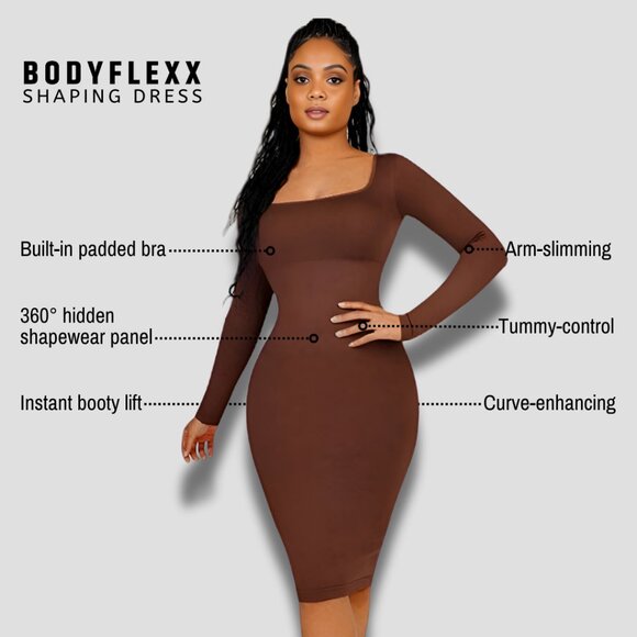 Magic Sculpt Built-In Shapewear Dress, Long Sleeve Chocolate - Picture 8 of 8